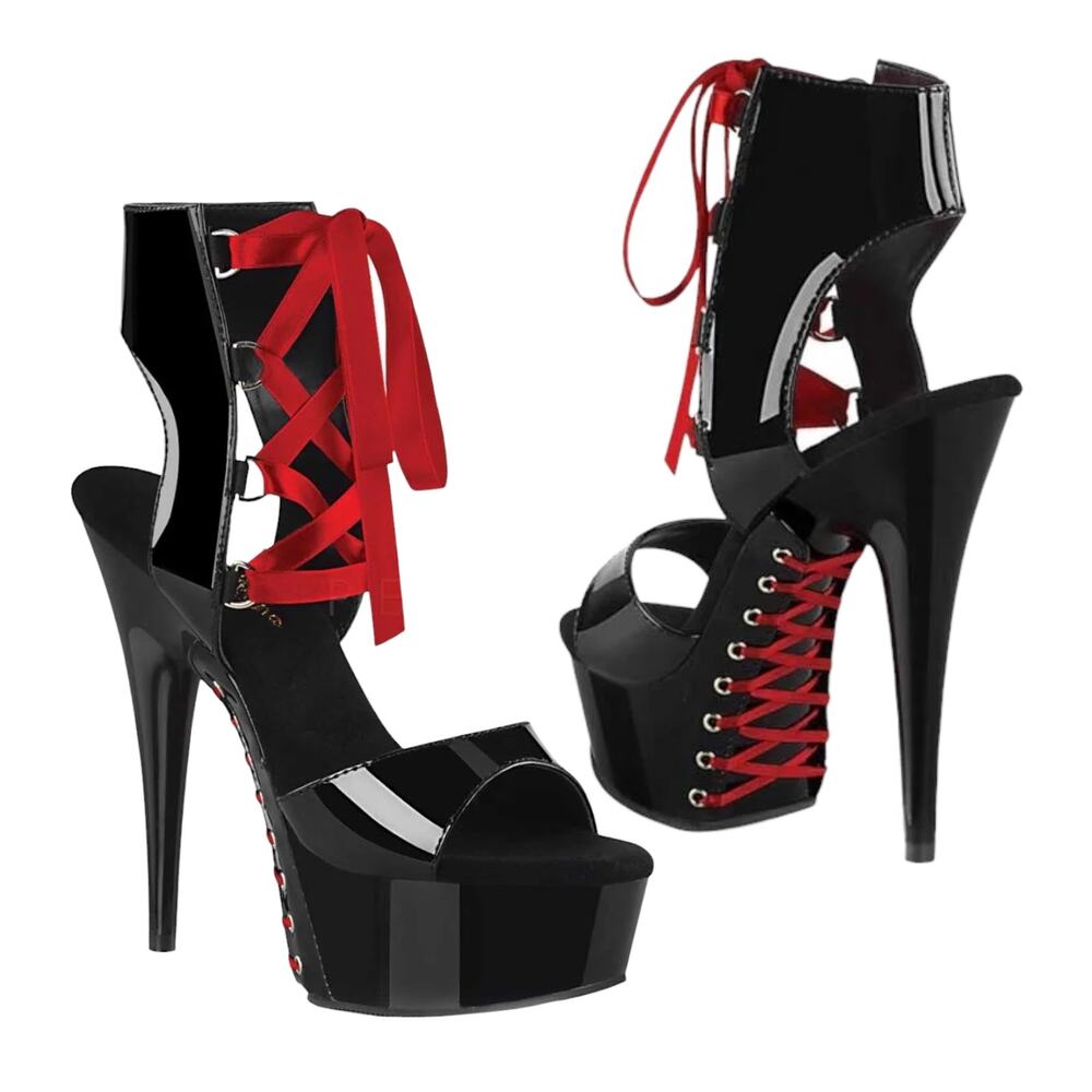 Pleaser Delight 600-14FH Black Red Corset Stiletto Heels Platform Size 8 Lace-Up